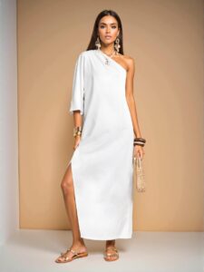 Elegant White Asymmetrical One-Shoulder Casual Maxi Dress with Cleavage-Skimming Slits and Batwing Sleeves - Chic, Classy, and Trendy Fashion Style to Dress to Impress
