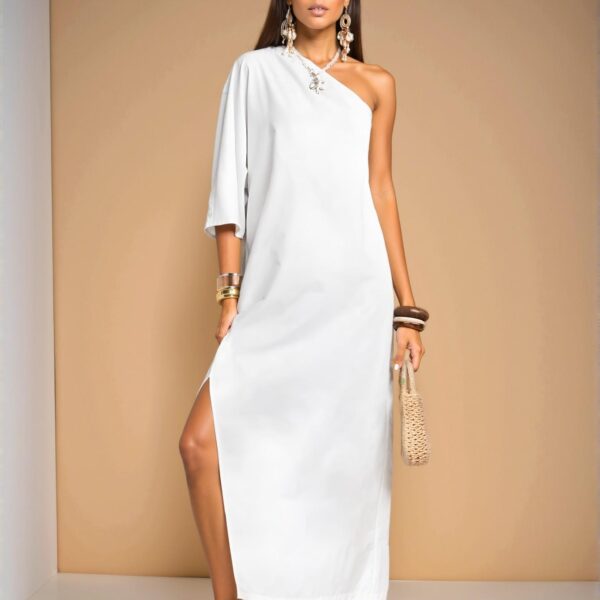Elegant White Asymmetrical One-Shoulder Casual Maxi Dress with Cleavage-Skimming Slits and Batwing Sleeves - Chic, Classy, and Trendy Fashion Style to Dress to Impress