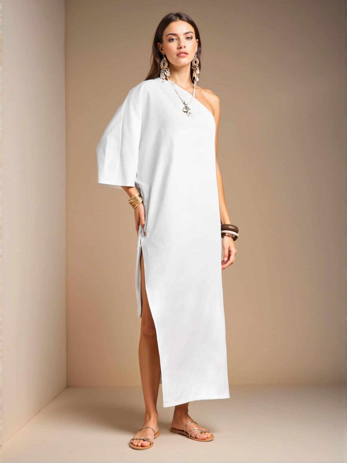 Elegant White Asymmetrical One-Shoulder Casual Maxi Dress with Cleavage-Skimming Slits and Batwing Sleeves - Chic, Classy, and Trendy Fashion Style to Dress to Impress - Image 4