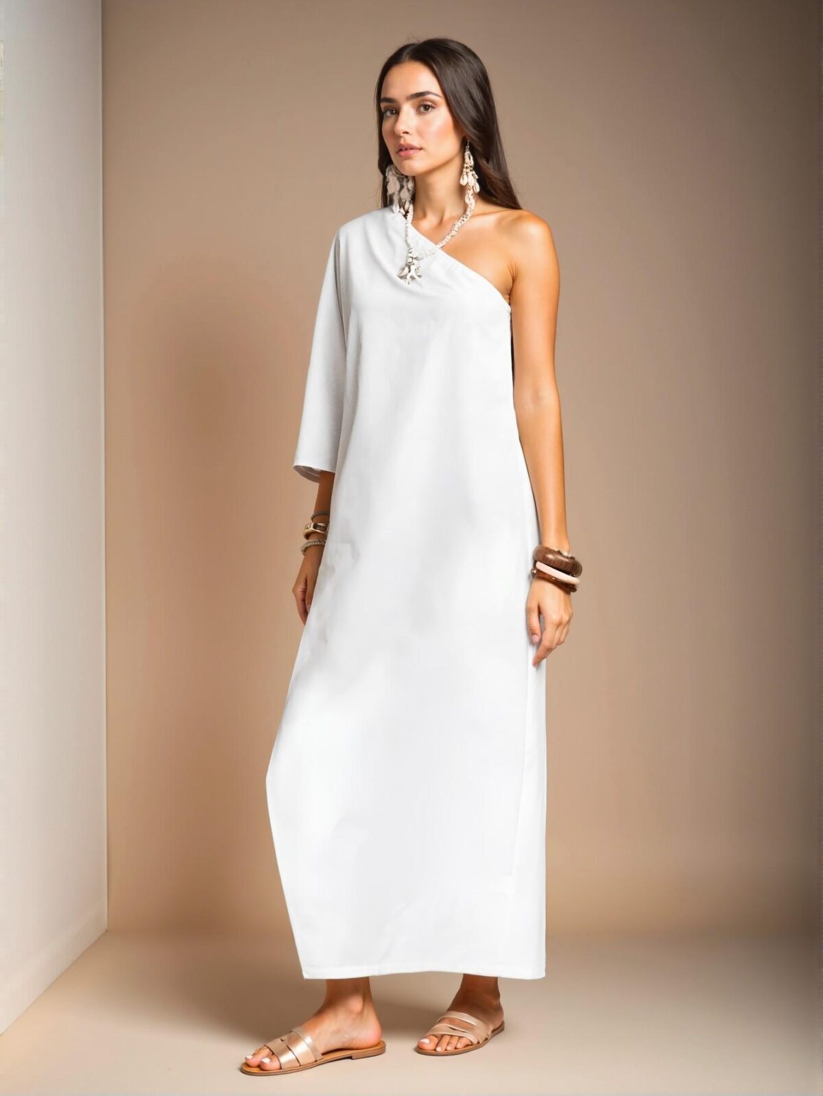 Elegant White Asymmetrical One-Shoulder Casual Maxi Dress with Cleavage-Skimming Slits and Batwing Sleeves - Chic, Classy, and Trendy Fashion Style to Dress to Impress - Image 5
