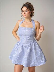 Elegant Purple Backless Embroidered A-Line Cocktail Dress with Shirred Detail for a Chic, Classy, and Trendy Fashion Style to Dress to Impress