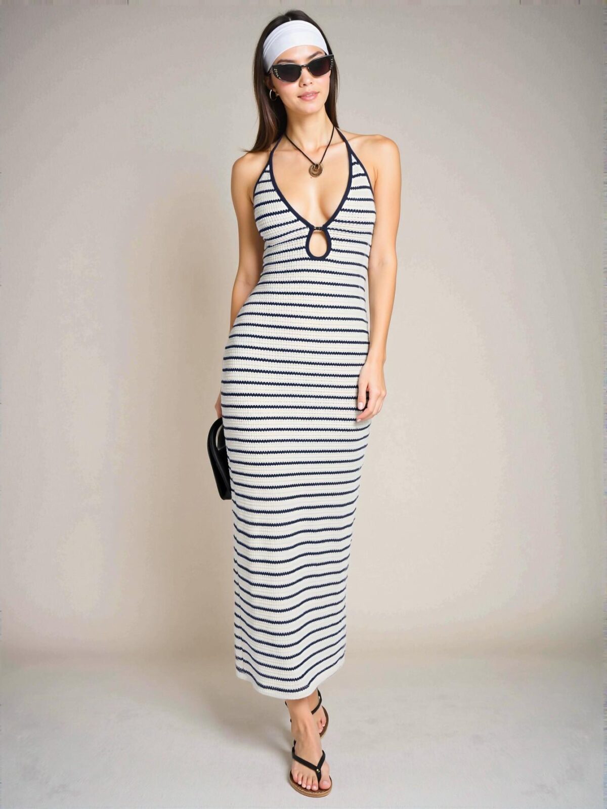 Elegant Blue Striped Print Halter Backless Sleeveless Maxi Dress for Spring and Summer - Chic, Classy and Trendy Fashion Style to Dress to Impress - Image 4