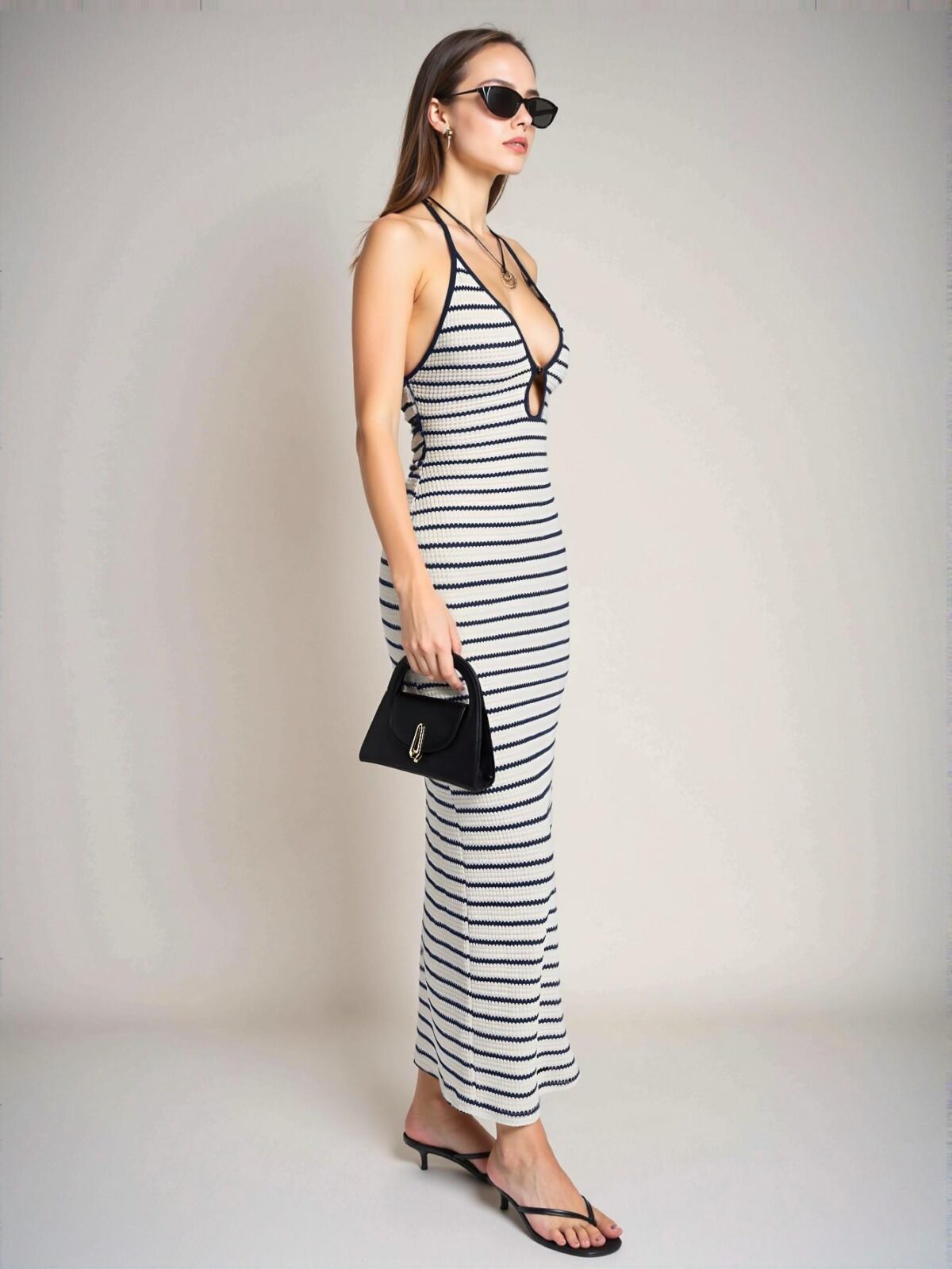 Elegant Blue Striped Print Halter Backless Sleeveless Maxi Dress for Spring and Summer - Chic, Classy and Trendy Fashion Style to Dress to Impress - Image 5