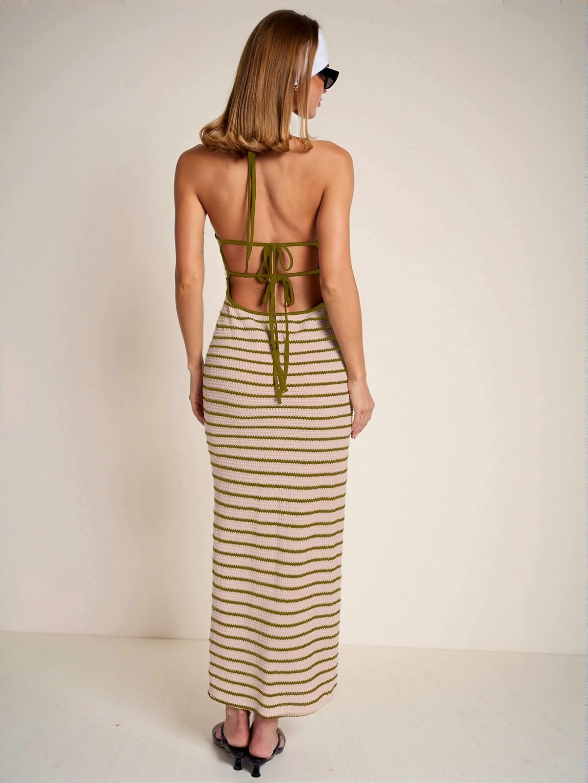 Elegant Green Chic Striped Backless Tie Sleeveless Dress Perfect for Spring and Summer - Chic, Classy and Trendy Fashion Style to Dress to Impress - Image 3