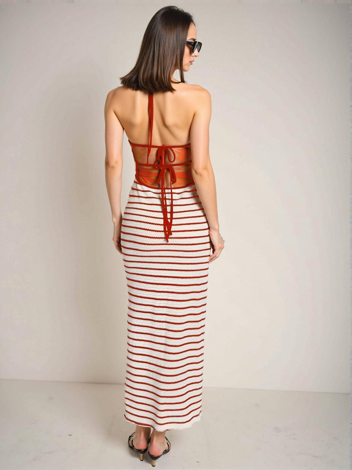 Elegant Red Striped Halter Neck Maxi Dress with Cut Out Detail for Spring and Summer - Chic, Classy and Trendy Fashion Style to Dress to Impress - Image 3