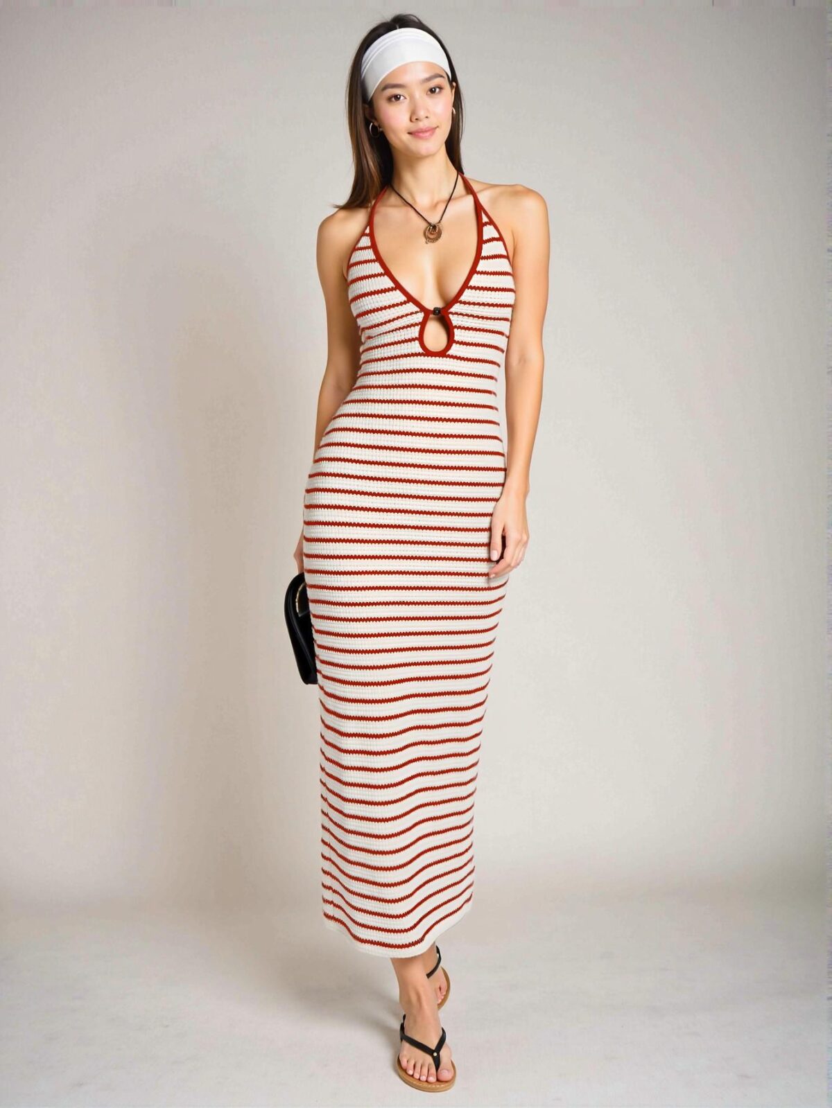 Elegant Red Striped Halter Neck Maxi Dress with Cut Out Detail for Spring and Summer - Chic, Classy and Trendy Fashion Style to Dress to Impress - Image 4