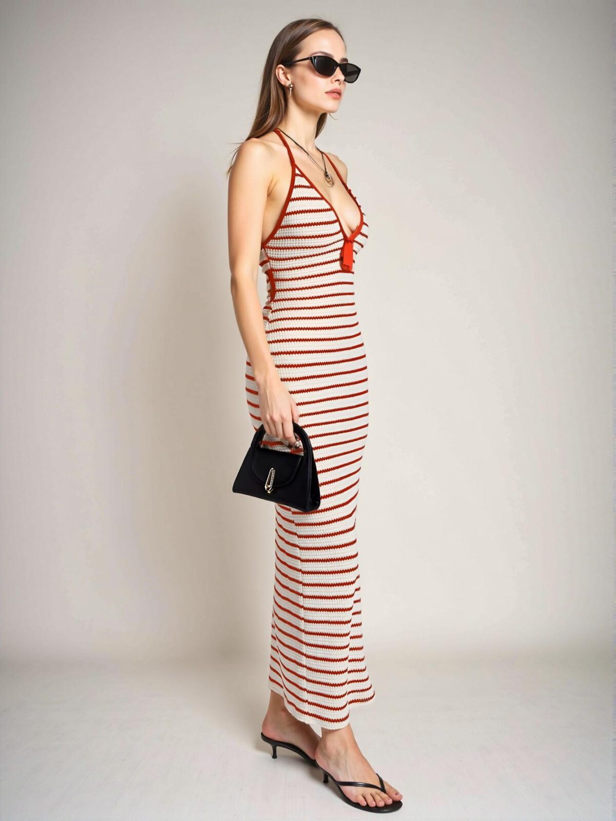 Elegant Red Striped Halter Neck Maxi Dress with Cut Out Detail for Spring and Summer - Chic, Classy and Trendy Fashion Style to Dress to Impress - Image 5