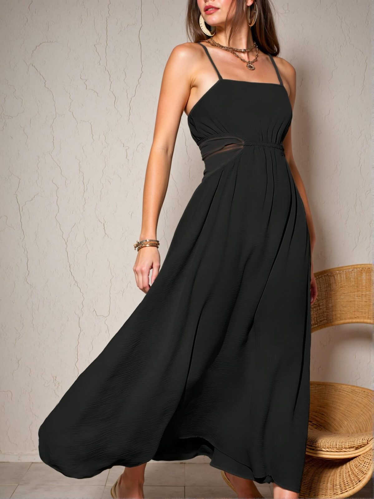 Elegant Black Woven Hollow Out Waist Tie Cami Dress for Stylish Spring and Summer Getaways - Chic, Classy, and Trendy Fashion Style to Dress to Impress
