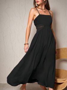 Elegant Black Woven Hollow Out Waist Tie Cami Dress for Stylish Spring and Summer Getaways - Chic, Classy, and Trendy Fashion Style to Dress to Impress