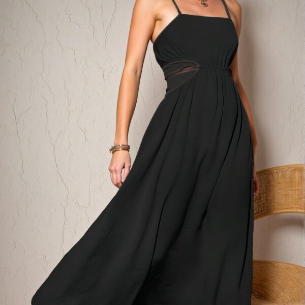 Elegant Black Woven Hollow Out Waist Tie Cami Dress for Stylish Spring and Summer Getaways - Chic, Classy, and Trendy Fashion Style to Dress to Impress