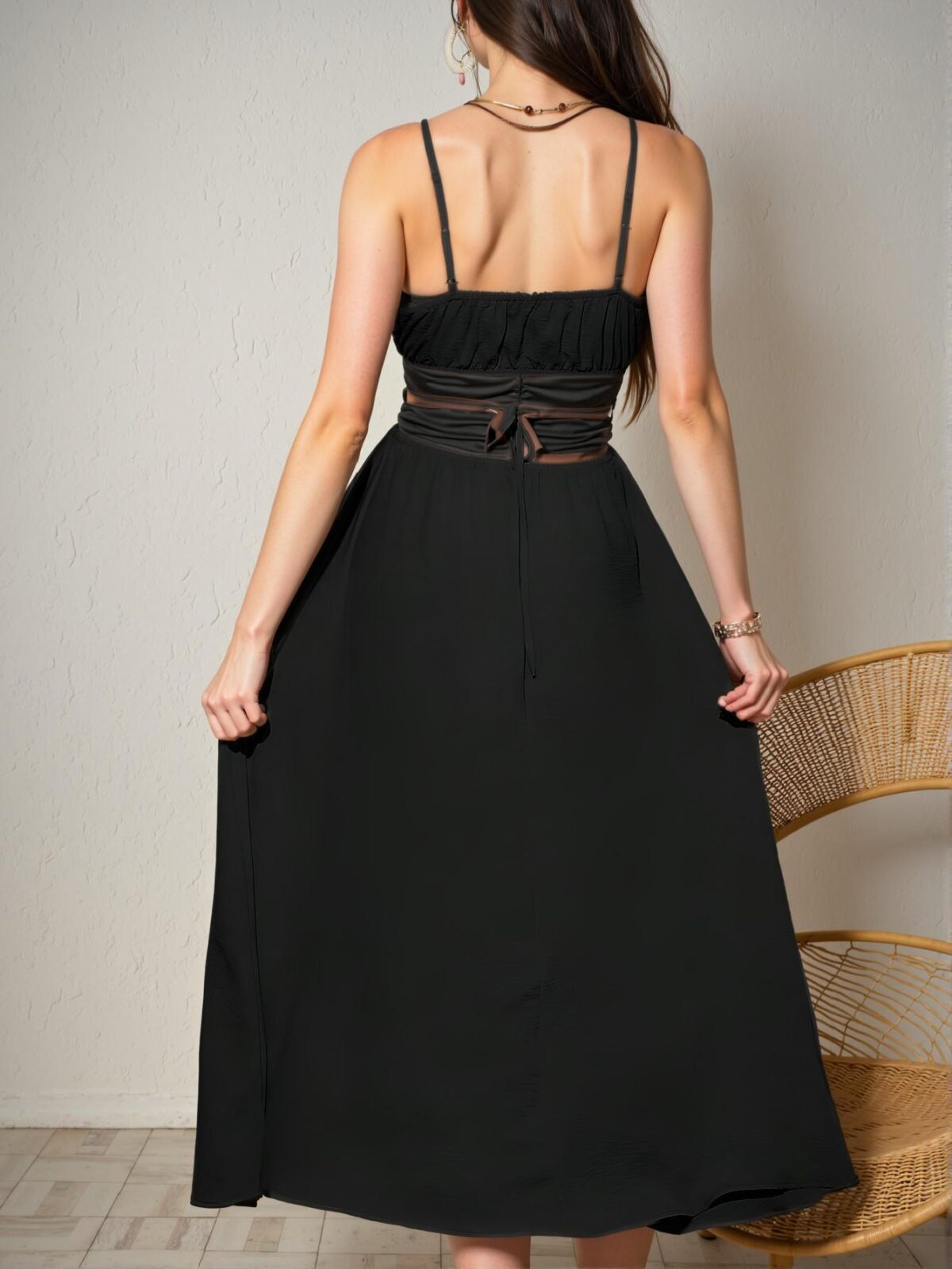 Elegant Black Woven Hollow Out Waist Tie Cami Dress for Stylish Spring and Summer Getaways - Chic, Classy, and Trendy Fashion Style to Dress to Impress - Image 2