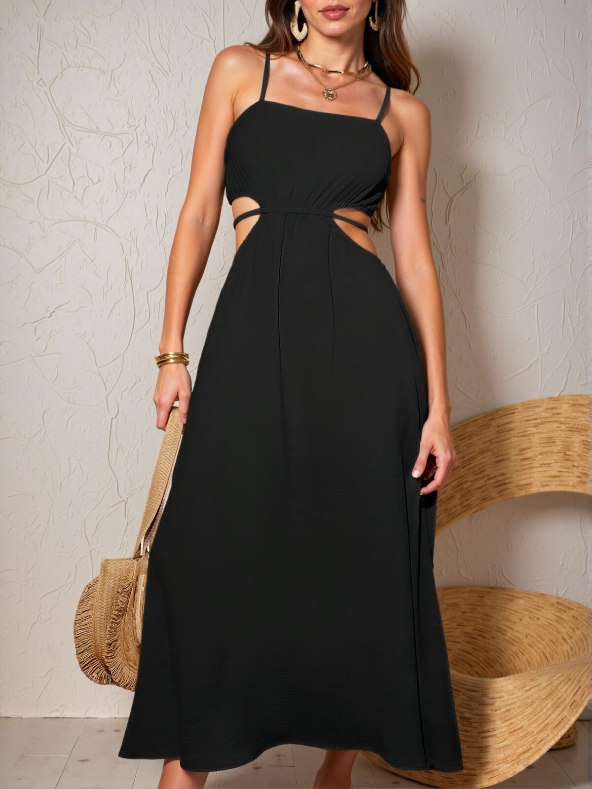 Elegant Black Woven Hollow Out Waist Tie Cami Dress for Stylish Spring and Summer Getaways - Chic, Classy, and Trendy Fashion Style to Dress to Impress - Image 4