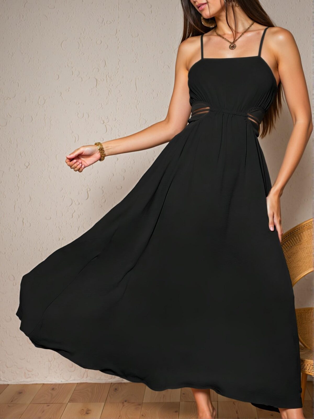 Elegant Black Woven Hollow Out Waist Tie Cami Dress for Stylish Spring and Summer Getaways - Chic, Classy, and Trendy Fashion Style to Dress to Impress - Image 5