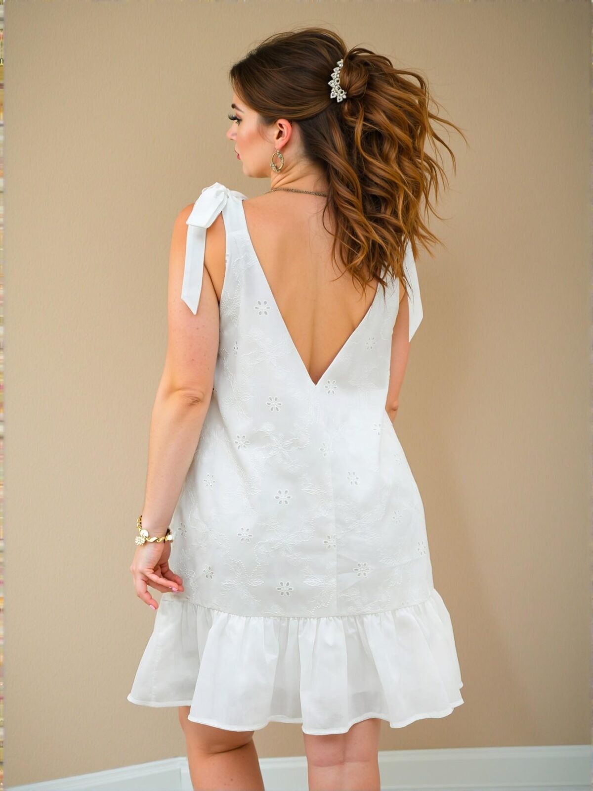 Elegant White Charming V-Neck Bowknot Strap A-Line Embroidered Mini Dress for Women - Chic, Classy and Trendy Fashion Style to Dress to Impress - Image 3