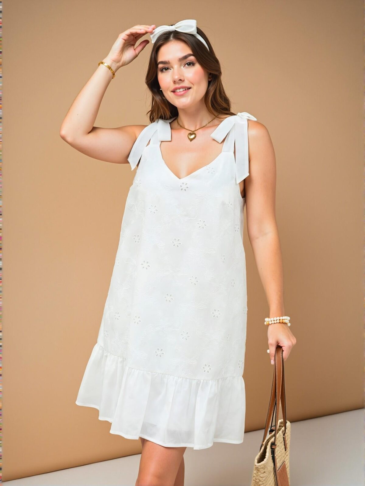 Elegant White Charming V-Neck Bowknot Strap A-Line Embroidered Mini Dress for Women - Chic, Classy and Trendy Fashion Style to Dress to Impress - Image 4