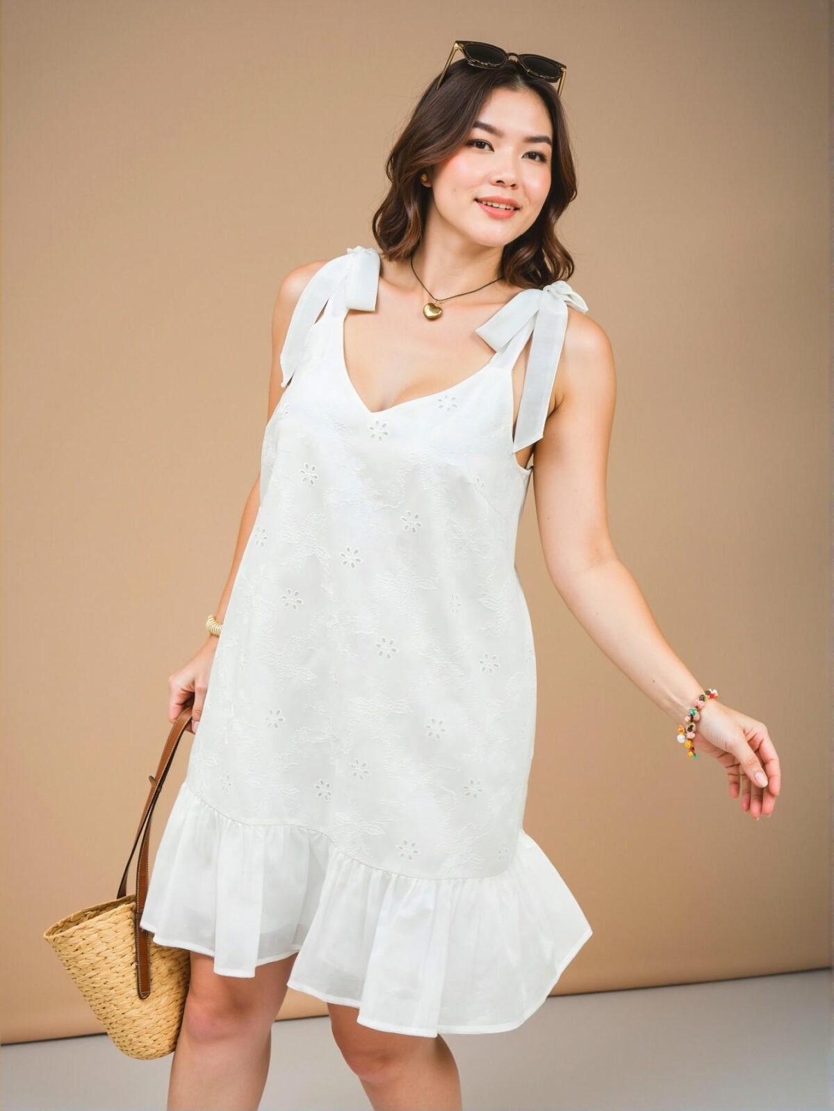 Elegant White Charming V-Neck Bowknot Strap A-Line Embroidered Mini Dress for Women - Chic, Classy and Trendy Fashion Style to Dress to Impress - Image 5