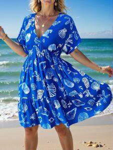 Elegant Blue Stylish Plus Size Deep V-Neck Casual Flare Dress with Ocean Print and Short Sleeves for Spring/Summer - Chic, Classy and Trendy Fashion to Dress to Impress