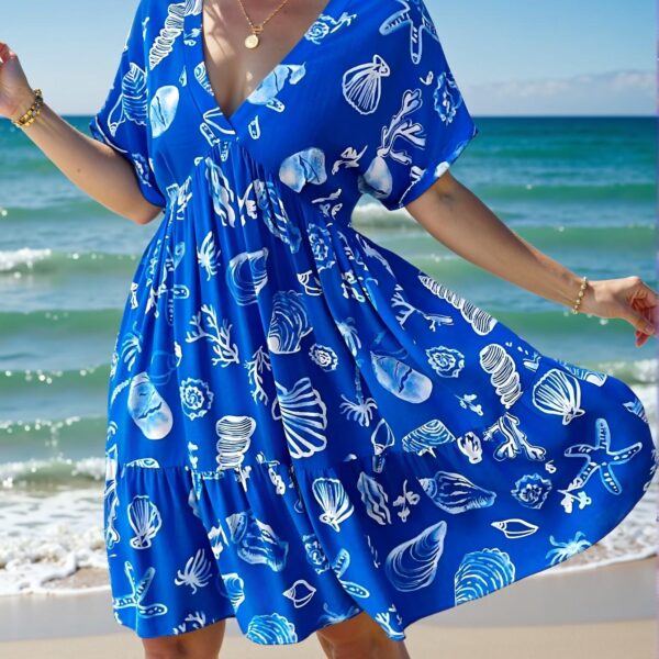 Elegant Blue Stylish Plus Size Deep V-Neck Casual Flare Dress with Ocean Print and Short Sleeves for Spring/Summer - Chic, Classy and Trendy Fashion to Dress to Impress