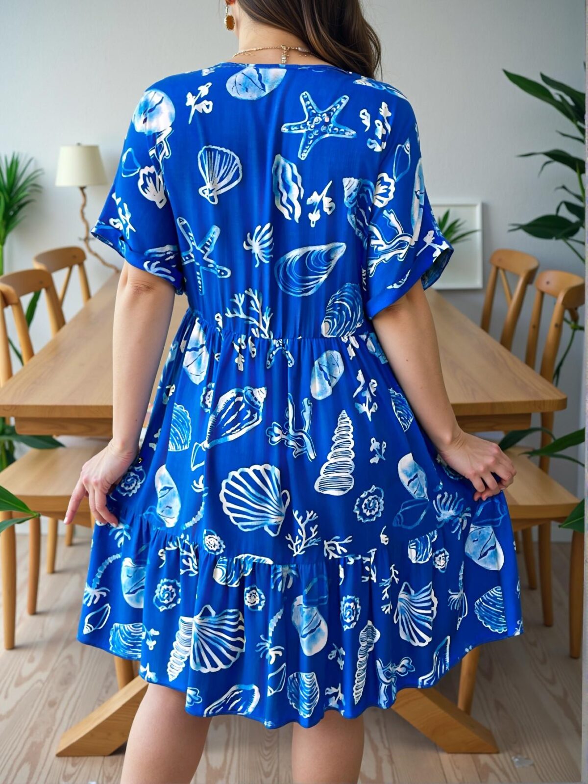 Elegant Blue Stylish Plus Size Deep V-Neck Casual Flare Dress with Ocean Print and Short Sleeves for Spring/Summer - Chic, Classy and Trendy Fashion to Dress to Impress - Image 2