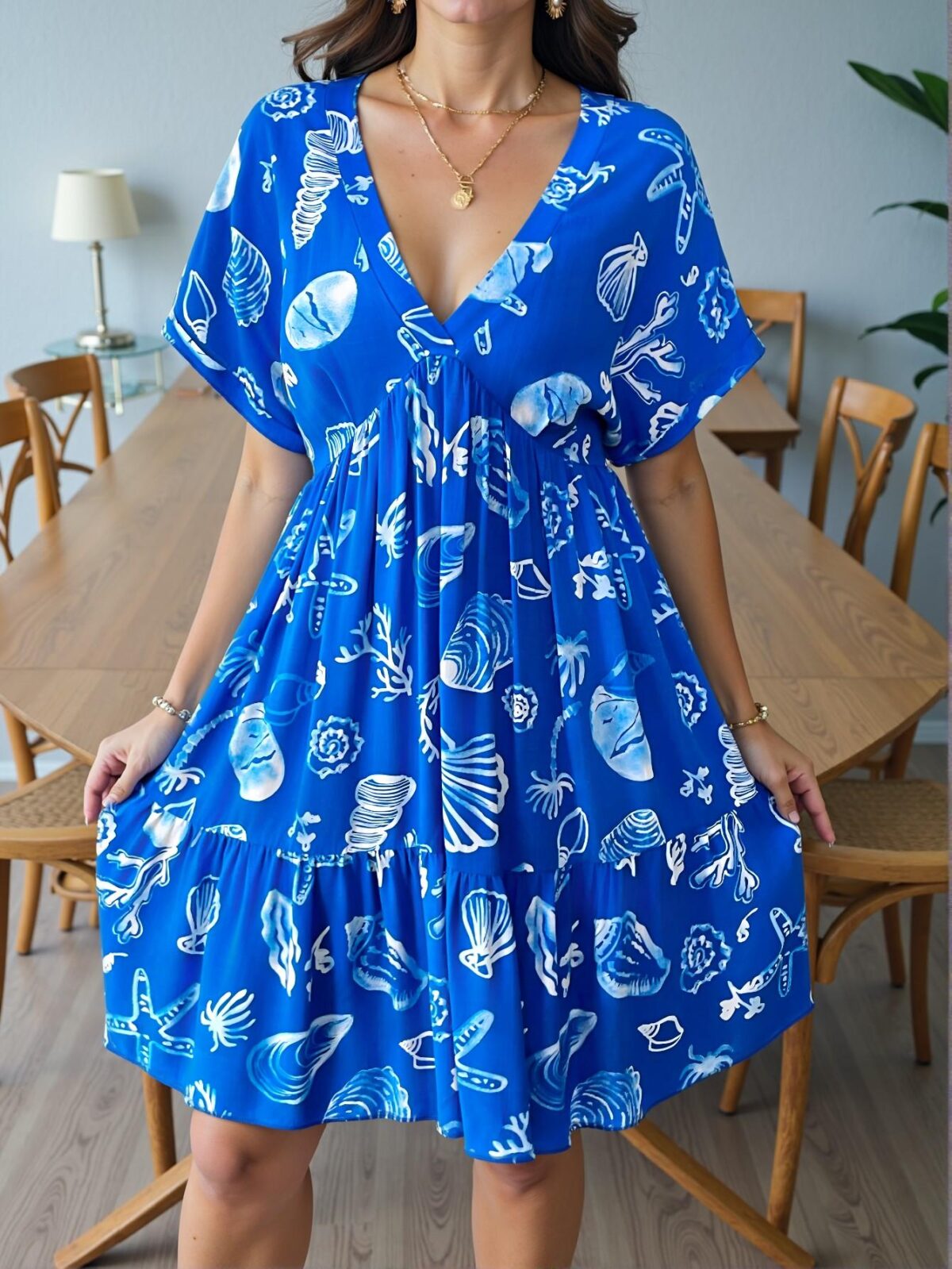 Elegant Blue Stylish Plus Size Deep V-Neck Casual Flare Dress with Ocean Print and Short Sleeves for Spring/Summer - Chic, Classy and Trendy Fashion to Dress to Impress - Image 4