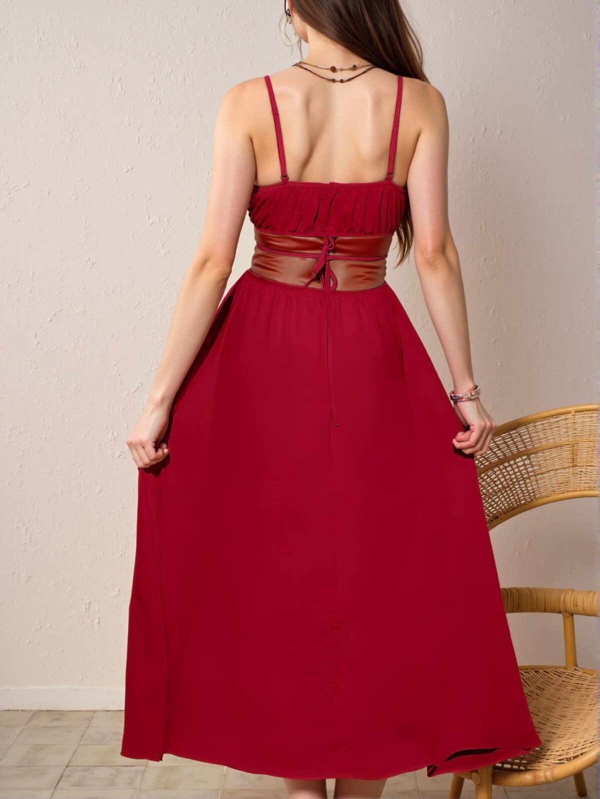 Elegant Red Flared Backless Tie Waist Dress Perfect for Spring and Summer Vacations - Chic, Classy and Trendy Fashion Style to Dress to Impress - Image 2