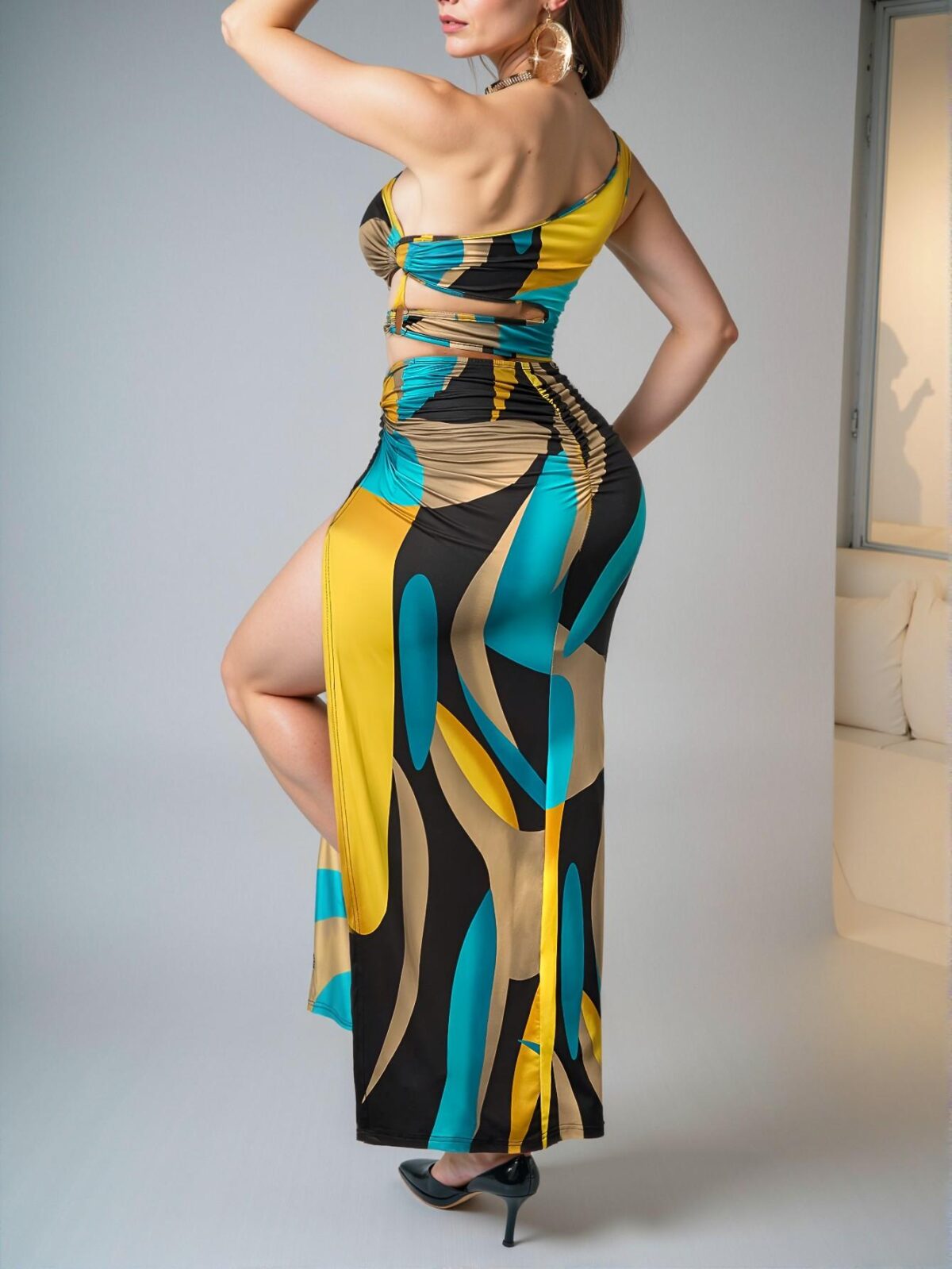 Elegant Yellow Stylish Floral One Shoulder Cut Out Waist Bodycon Dress with Twist Front and Thigh Split for Spring and Summer Chic, Classy and Trendy Fashion Style to Dress to Impress - Image 2