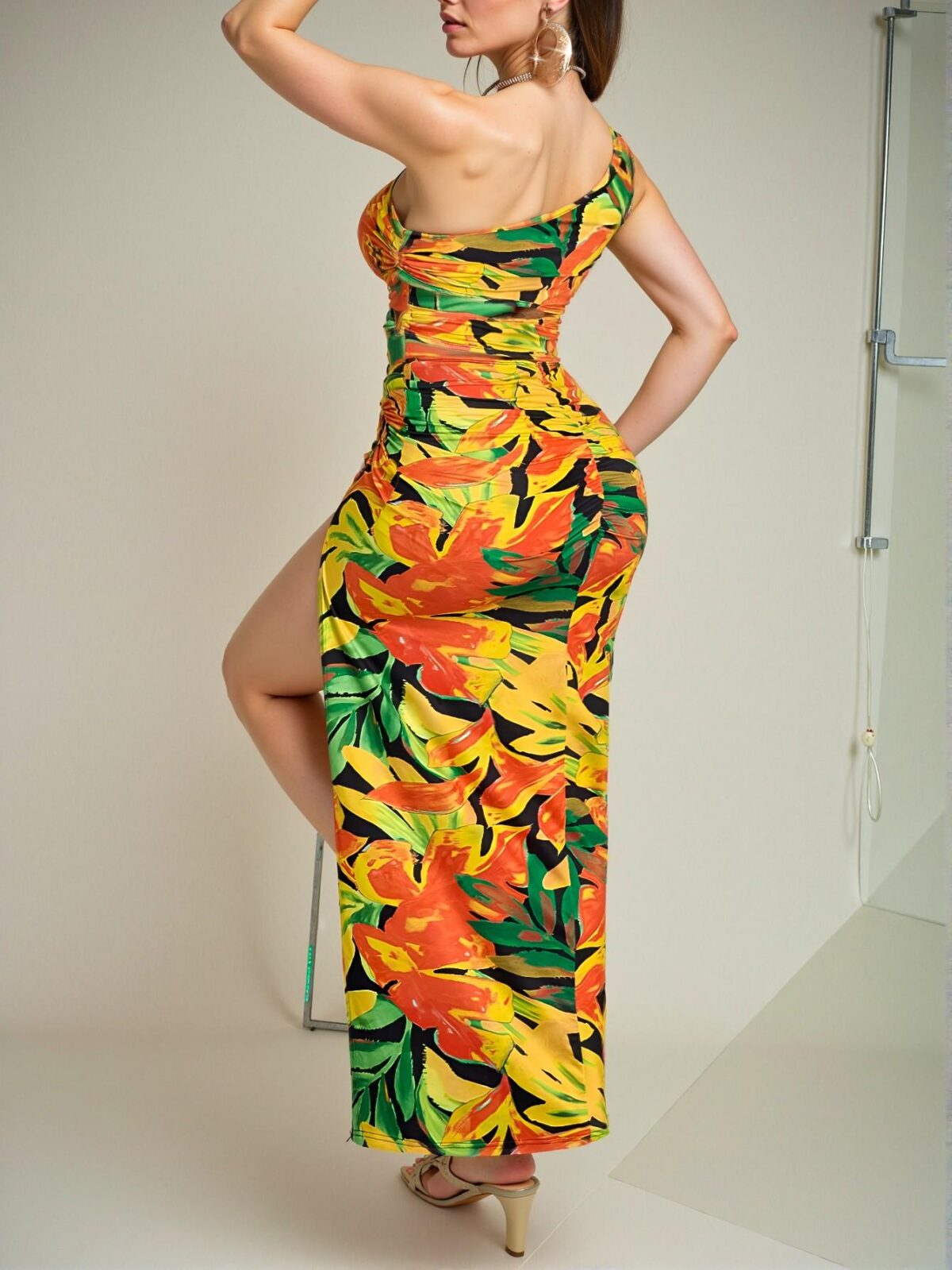 Elegant Orange Stylish Floral One-Shoulder Cut-Out Waist Dress with Twist Front and Split Design for Spring and Summer Chic, Classy and Trendy Fashion Style to Dress to Impress - Image 2