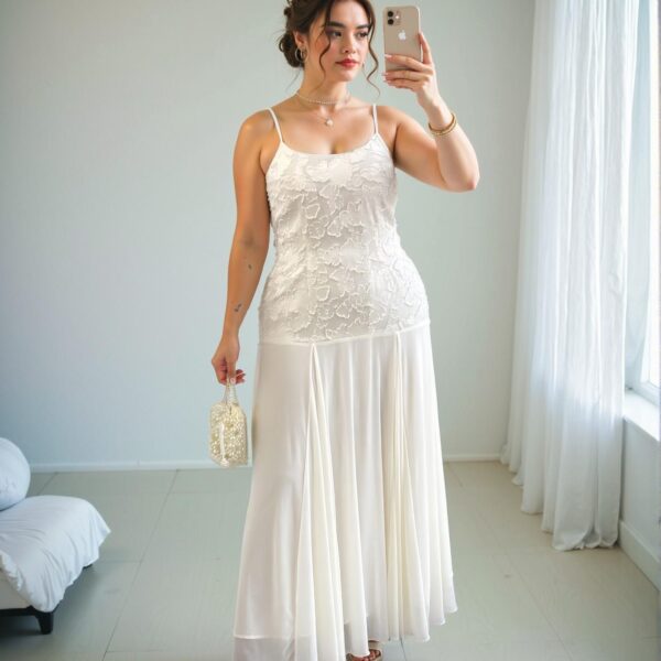 Elegant Apricot Plus Size Jacquard Spaghetti Strap Mesh Midi Dress - Chic, Classy and Trendy Fashion Style to Dress to Impress