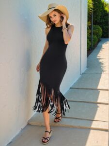 Elegant Black Stylish Sleeveless Bodycon Dress with Fringe Hem for Spring and Summer Chic, Classy and Trendy Fashion Style to Dress to Impress