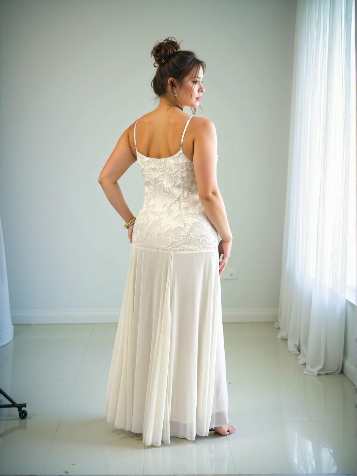 Elegant Apricot Plus Size Jacquard Spaghetti Strap Mesh Midi Dress - Chic, Classy and Trendy Fashion Style to Dress to Impress - Image 2