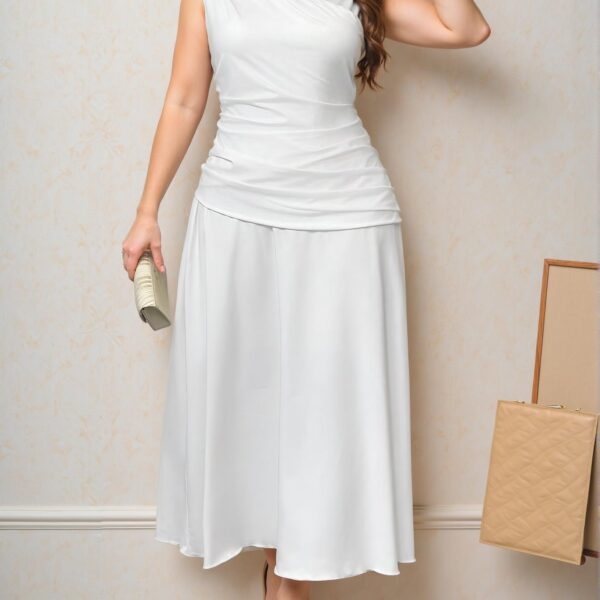 Elegant White Chic Plus Size A-Line Sleeveless Dress with Cinched Waist and Asymmetrical Hem for a Stylish Look, Perfect for Dressing to Impress