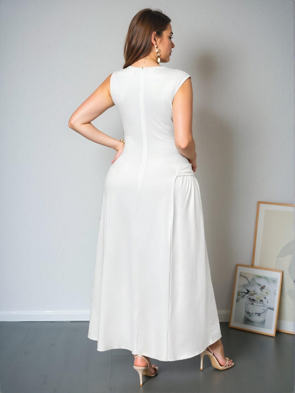 Elegant White Chic Plus Size A-Line Sleeveless Dress with Cinched Waist and Asymmetrical Hem for a Stylish Look, Perfect for Dressing to Impress - Image 2