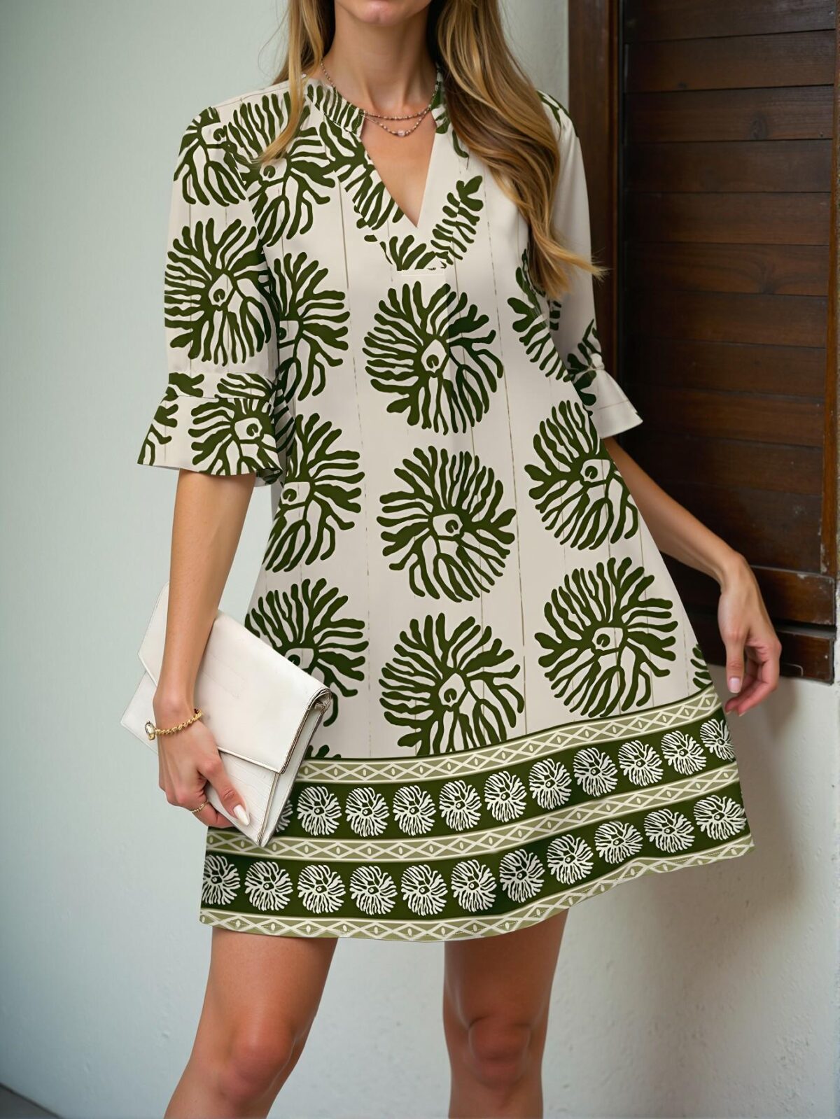 Elegant Green Stylish Bohemian Vacation Mini Dress Ideal for Spring and Summer Outings Chic, Classy and Trendy Fashion Style to Dress to Impress - Image 3