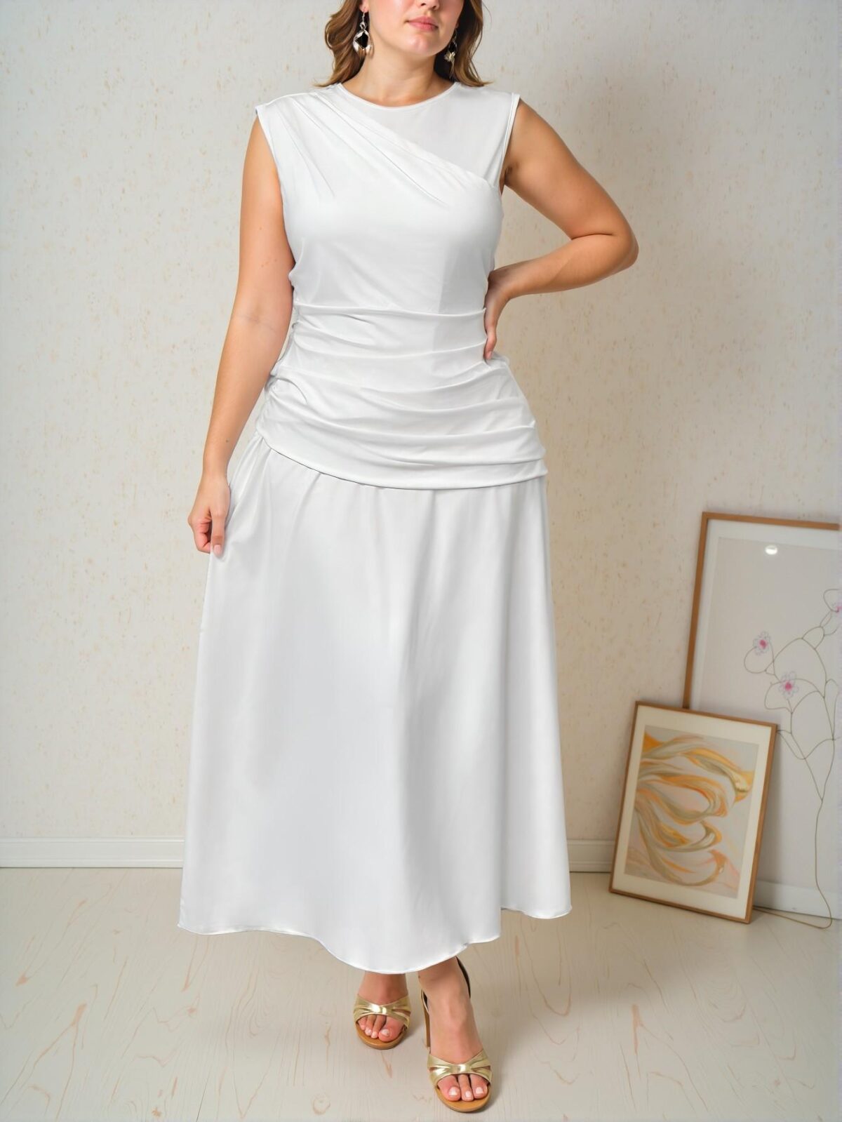 Elegant White Chic Plus Size A-Line Sleeveless Dress with Cinched Waist and Asymmetrical Hem for a Stylish Look, Perfect for Dressing to Impress - Image 5