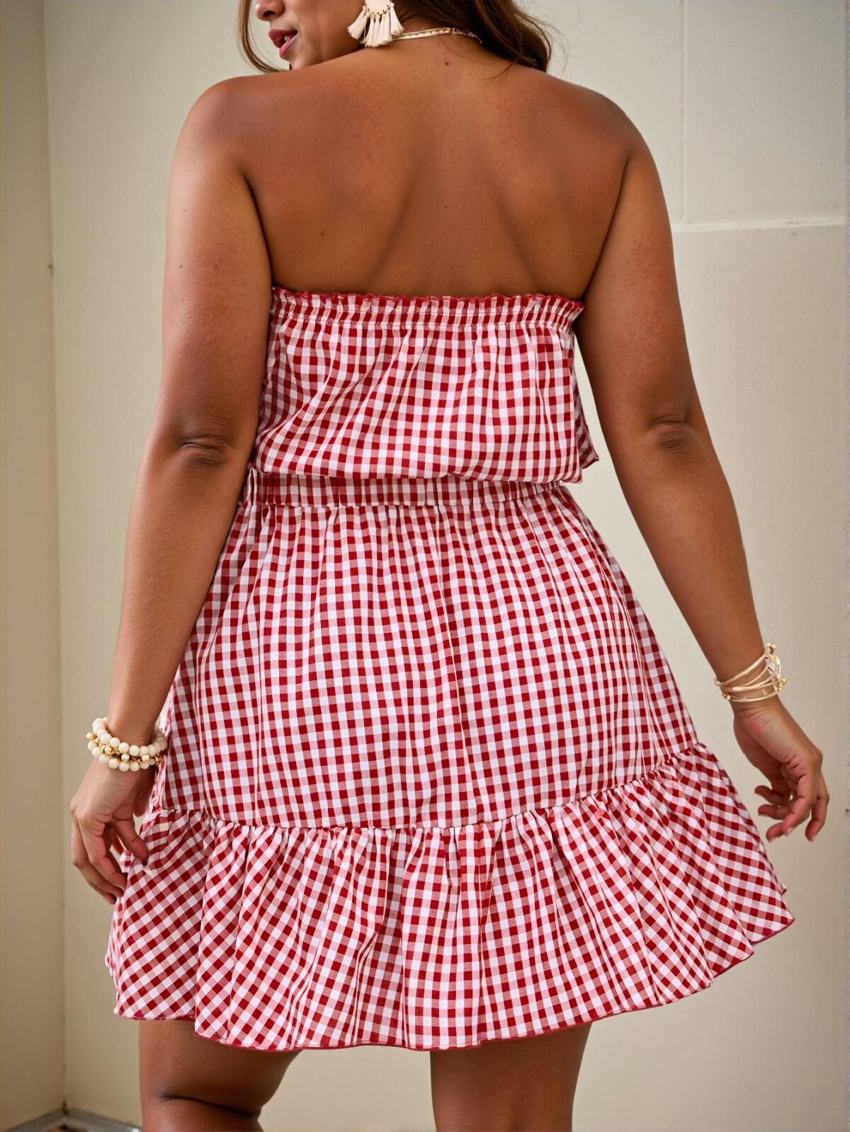 Elegant Red and White Casual Gingham Ruffle Hem Tube Dress for Women – Chic, Classy and Trendy Fashion Style to Dress to Impress - Image 2