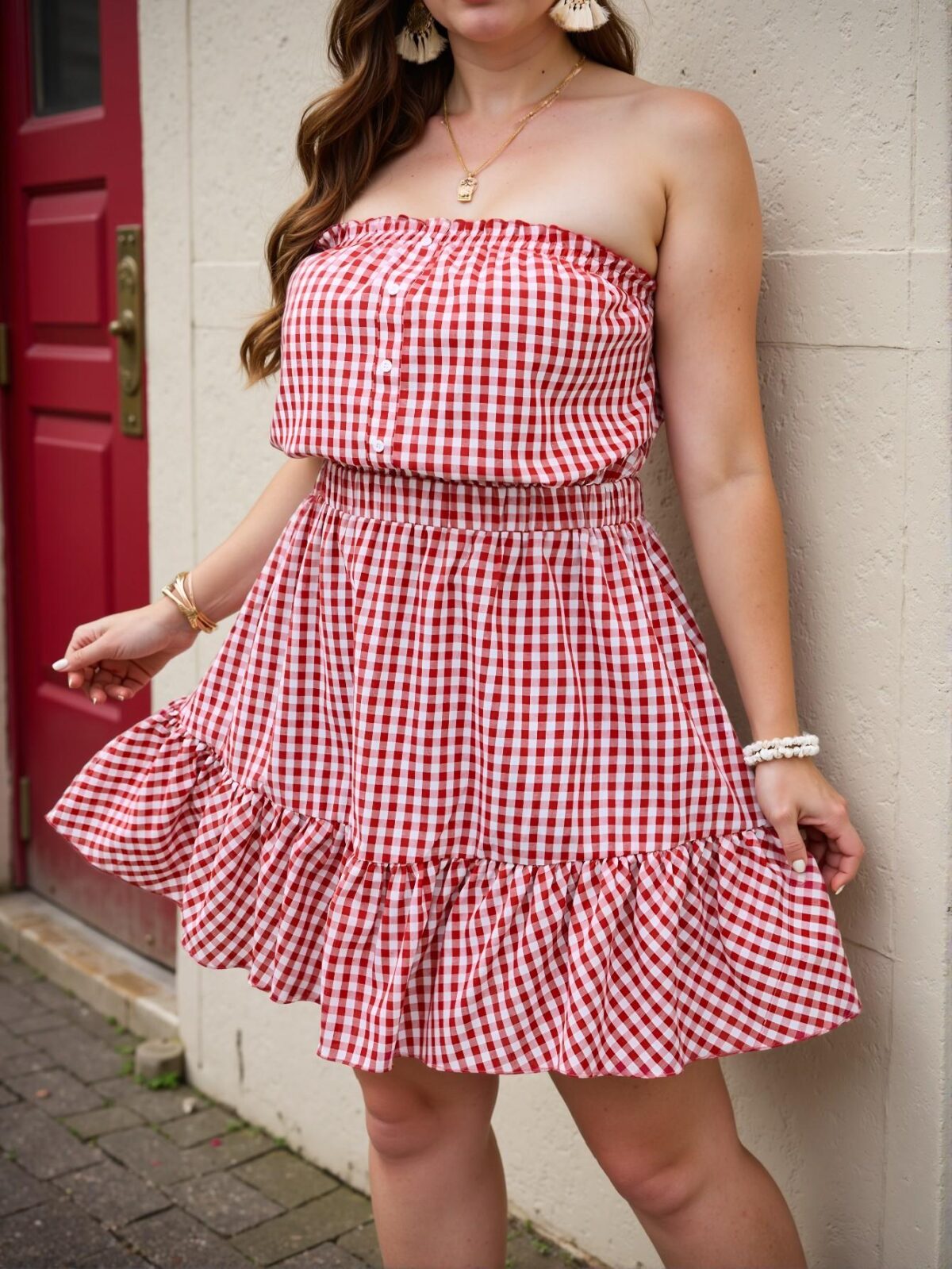 Elegant Red and White Casual Gingham Ruffle Hem Tube Dress for Women – Chic, Classy and Trendy Fashion Style to Dress to Impress - Image 5