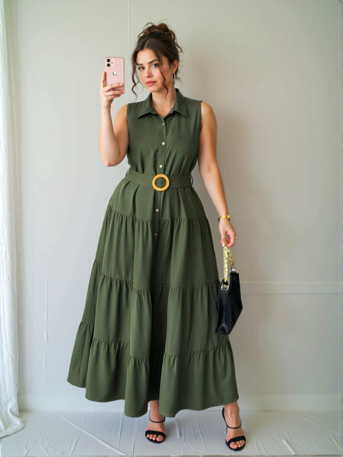 Elegant Army Green Front Button Sleeveless Shirt Dress with Ruched Long Skirt for Summer - Chic, Classy and Trendy Fashion Style to Dress to Impress