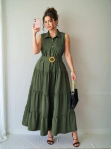 Elegant Army Green Front Button Sleeveless Shirt Dress with Ruched Long Skirt for Summer - Chic, Classy and Trendy Fashion Style to Dress to Impress