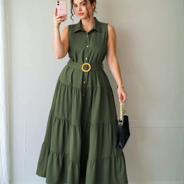 Elegant Army Green Front Button Sleeveless Shirt Dress with Ruched Long Skirt for Summer - Chic, Classy and Trendy Fashion Style to Dress to Impress