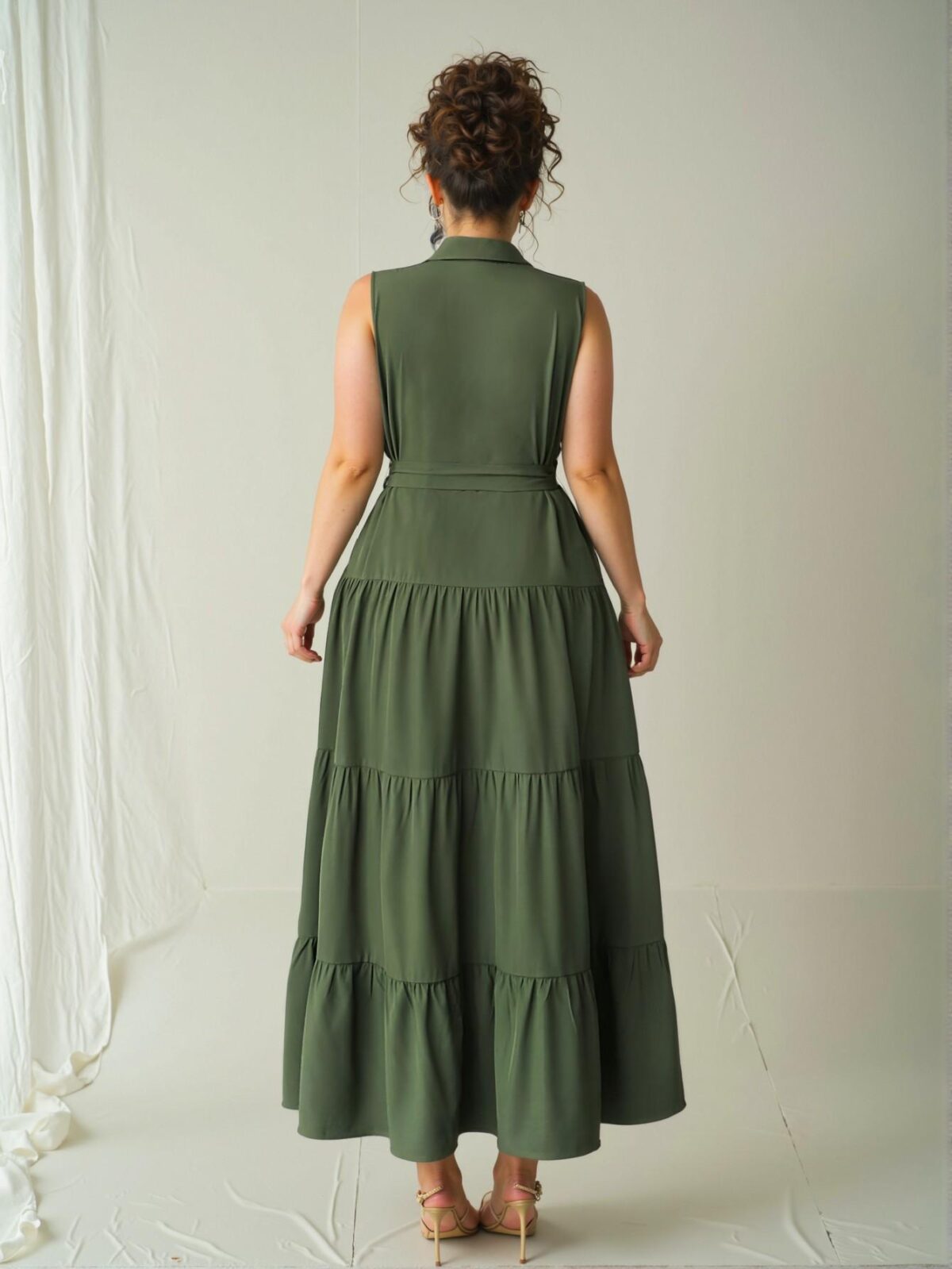 Elegant Army Green Front Button Sleeveless Shirt Dress with Ruched Long Skirt for Summer - Chic, Classy and Trendy Fashion Style to Dress to Impress - Image 2