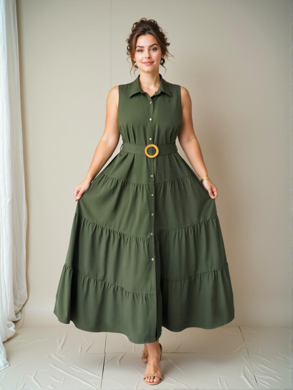 Elegant Army Green Front Button Sleeveless Shirt Dress with Ruched Long Skirt for Summer - Chic, Classy and Trendy Fashion Style to Dress to Impress - Image 3