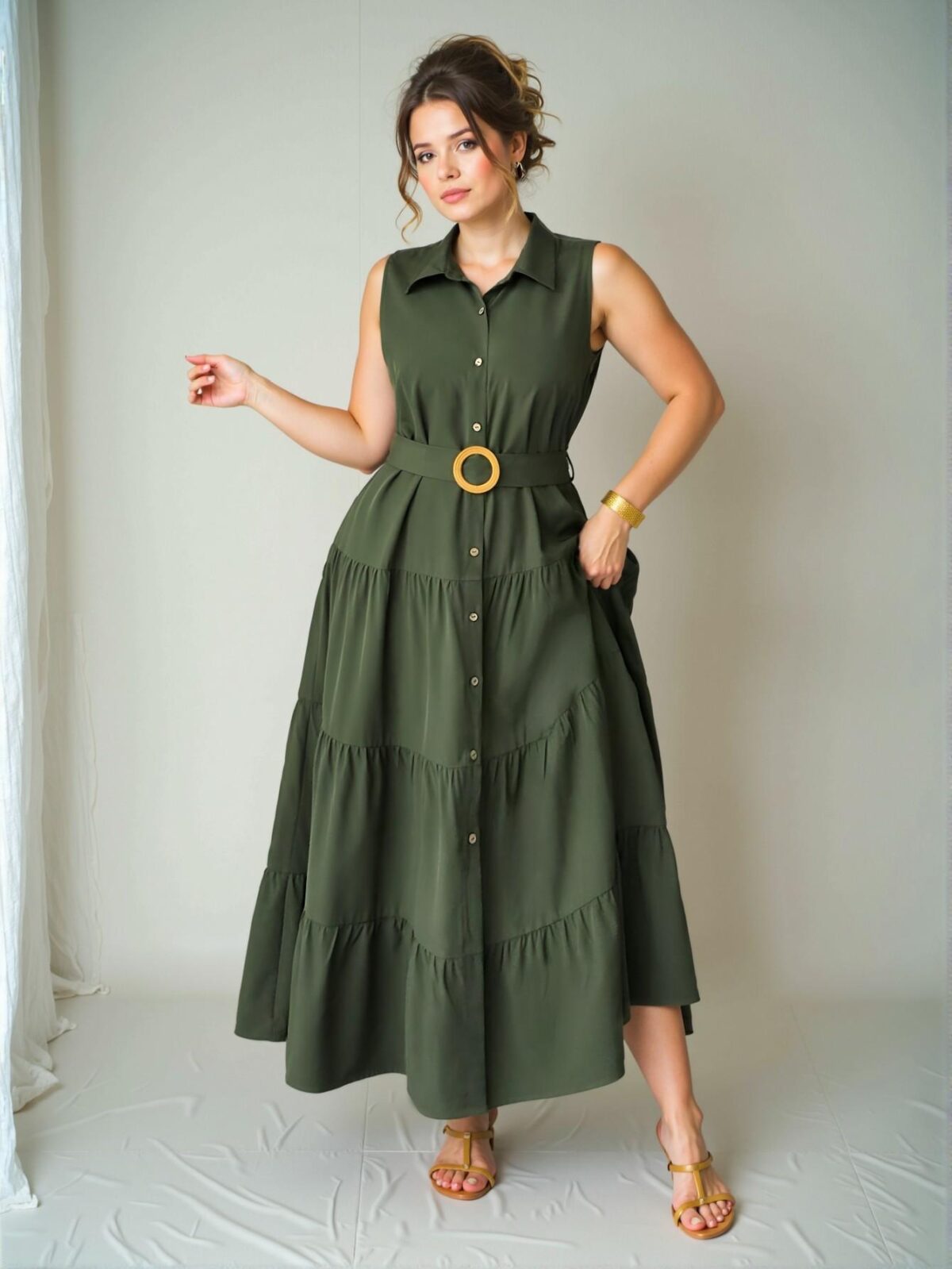 Elegant Army Green Front Button Sleeveless Shirt Dress with Ruched Long Skirt for Summer - Chic, Classy and Trendy Fashion Style to Dress to Impress - Image 4