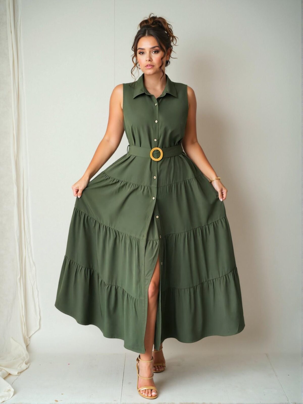 Elegant Army Green Front Button Sleeveless Shirt Dress with Ruched Long Skirt for Summer - Chic, Classy and Trendy Fashion Style to Dress to Impress - Image 5