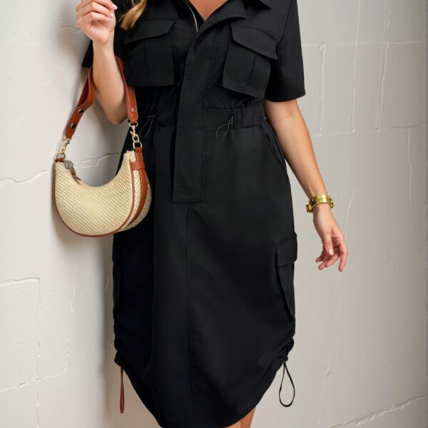 Elegant Black Stand Collar Zip Up Cinched Waist Midi Tee Dress - Chic, Classy and Trendy Fashion Style to Dress to Impress