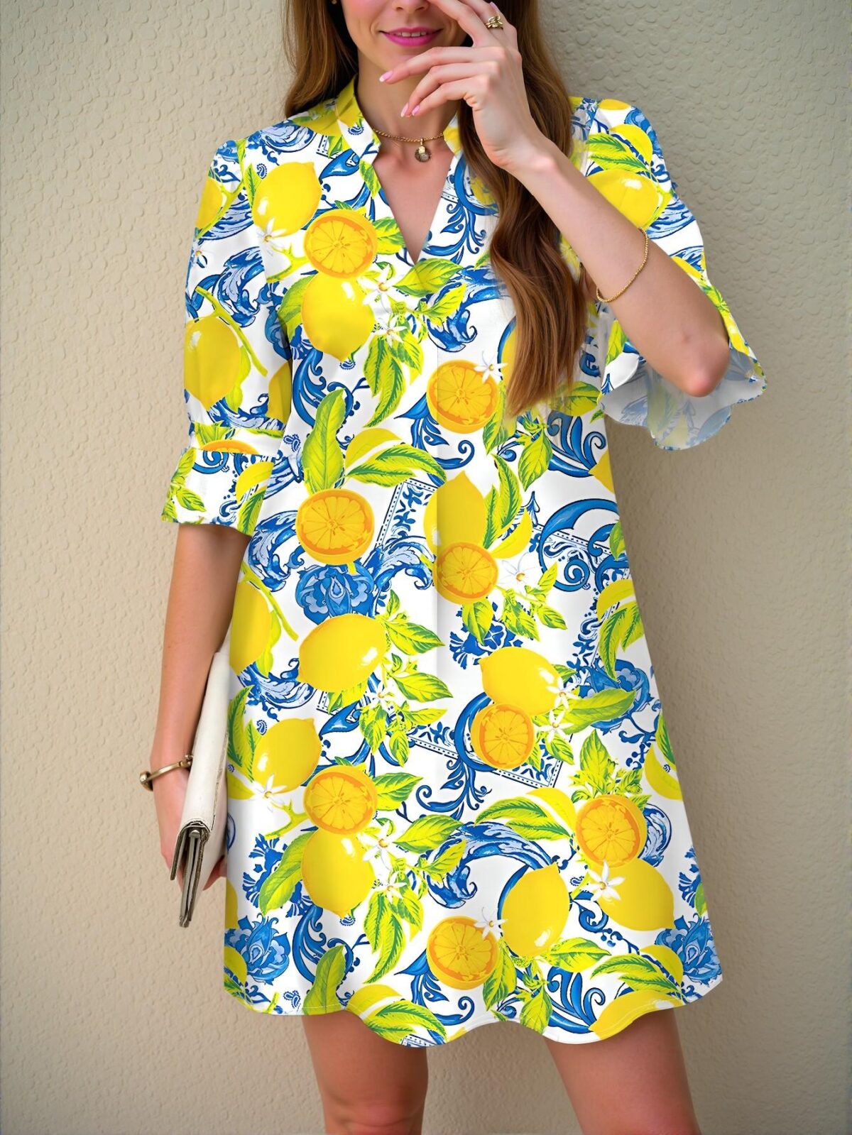 Elegant Multicolor Boho Lemon Print Midi Shirt Dress for Summer, Vacation, and Classy Outfits. Chic, Classy and Trendy Fashion Style to Dress to Impress. - Image 3