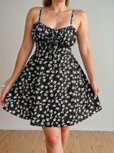 Elegant Black Flirty Floral Strappy Dress Perfect for Vacation Escapes Chic, Classy and Trendy Fashion Style to Dress to Impress