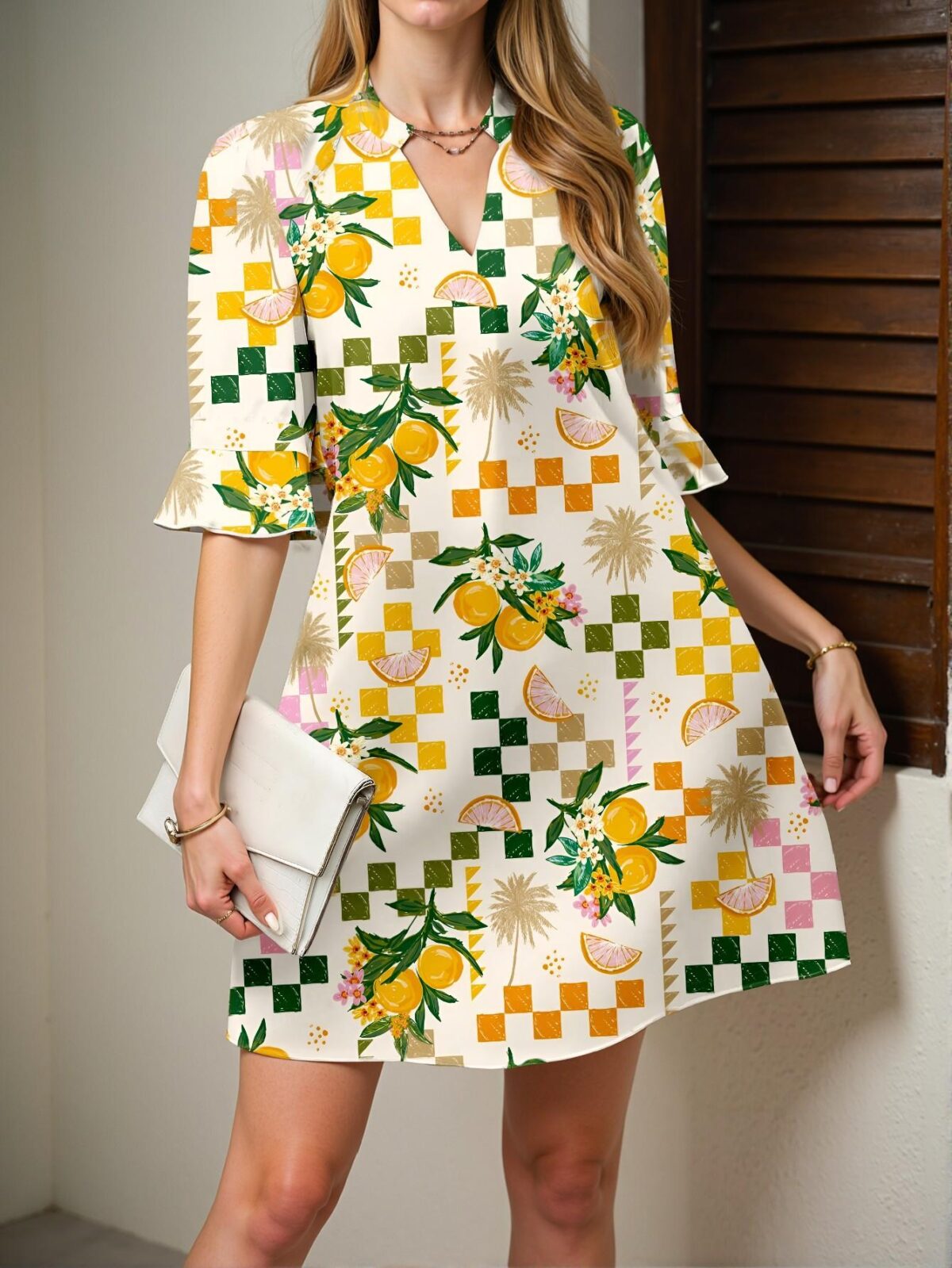 Elegant Multicolor Boho Short Dress Featuring a Lively Lemon Geometric Floral Print and Vibrant Yellow Blue Plaid Design Perfect for Summer Vacations and Parties – Chic, Classy, and Trendy Fashion Style to Dress to Impress
