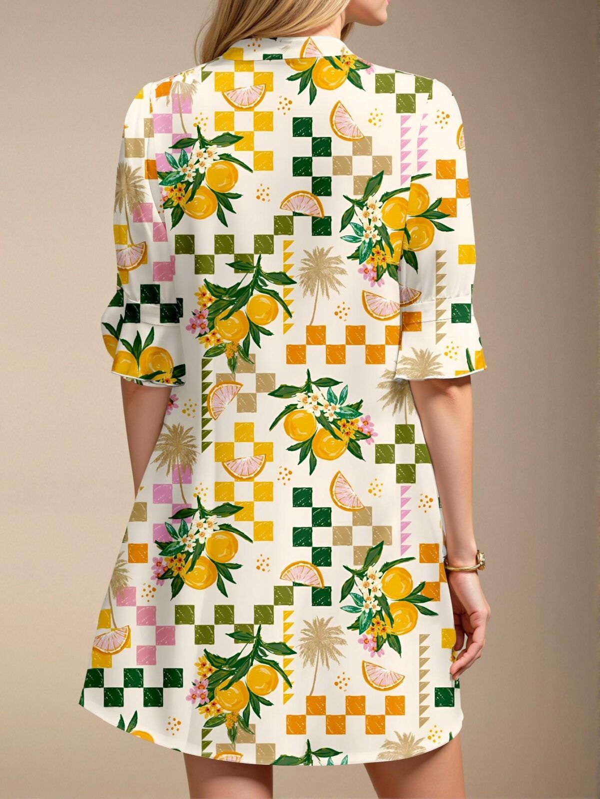 Elegant Multicolor Boho Short Dress Featuring a Lively Lemon Geometric Floral Print and Vibrant Yellow Blue Plaid Design Perfect for Summer Vacations and Parties – Chic, Classy, and Trendy Fashion Style to Dress to Impress - Image 2