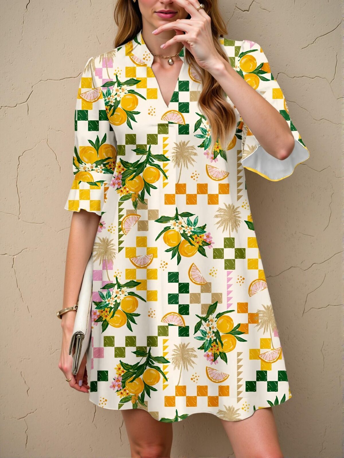 Elegant Multicolor Boho Short Dress Featuring a Lively Lemon Geometric Floral Print and Vibrant Yellow Blue Plaid Design Perfect for Summer Vacations and Parties – Chic, Classy, and Trendy Fashion Style to Dress to Impress - Image 3