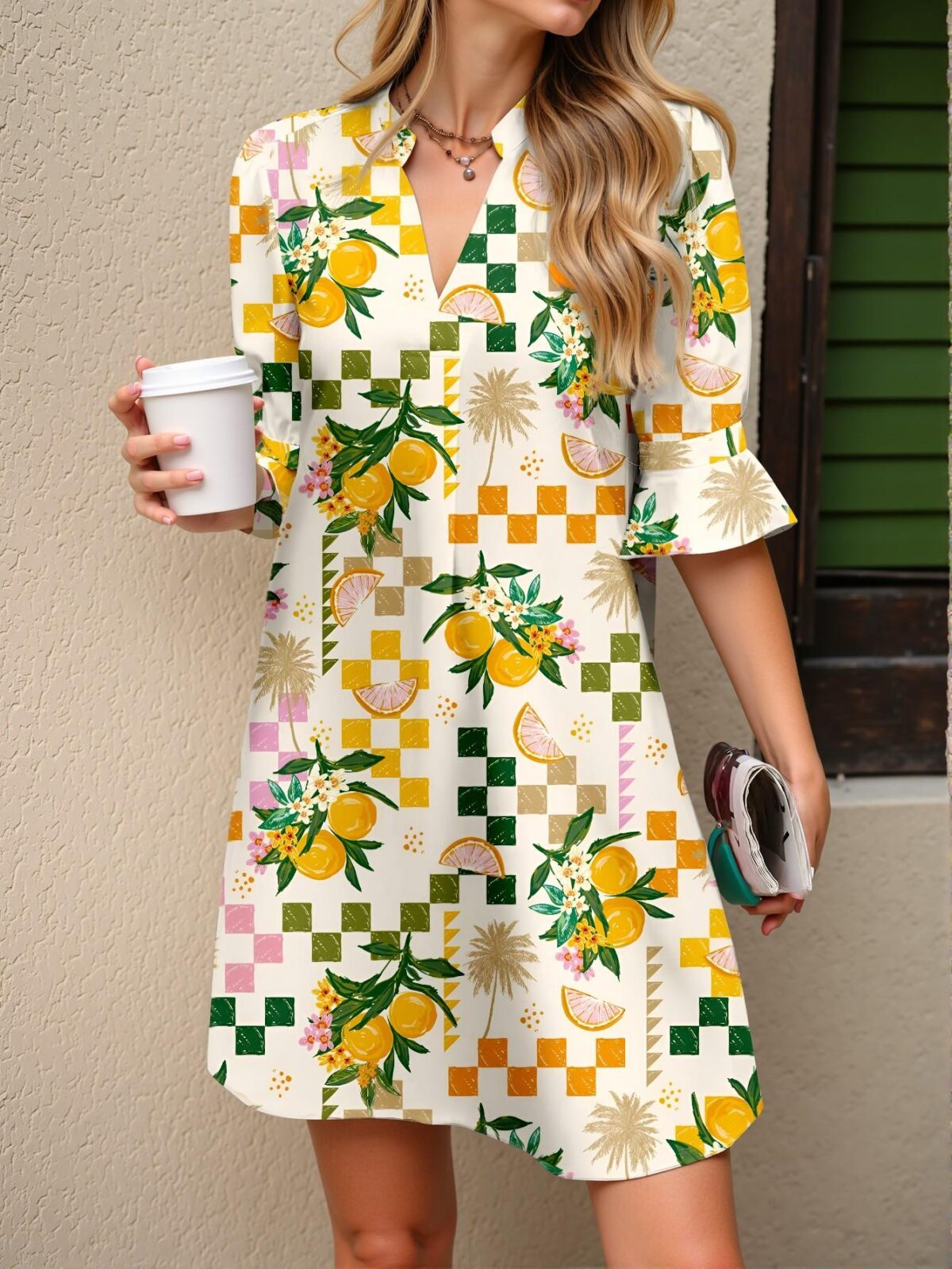 Elegant Multicolor Boho Short Dress Featuring a Lively Lemon Geometric Floral Print and Vibrant Yellow Blue Plaid Design Perfect for Summer Vacations and Parties – Chic, Classy, and Trendy Fashion Style to Dress to Impress - Image 4